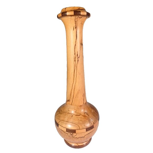 Vintage 10.5" Turned Spalted Beech & Segmented Maple Marquetry Bud Vase Signed - Picture 1 of 11